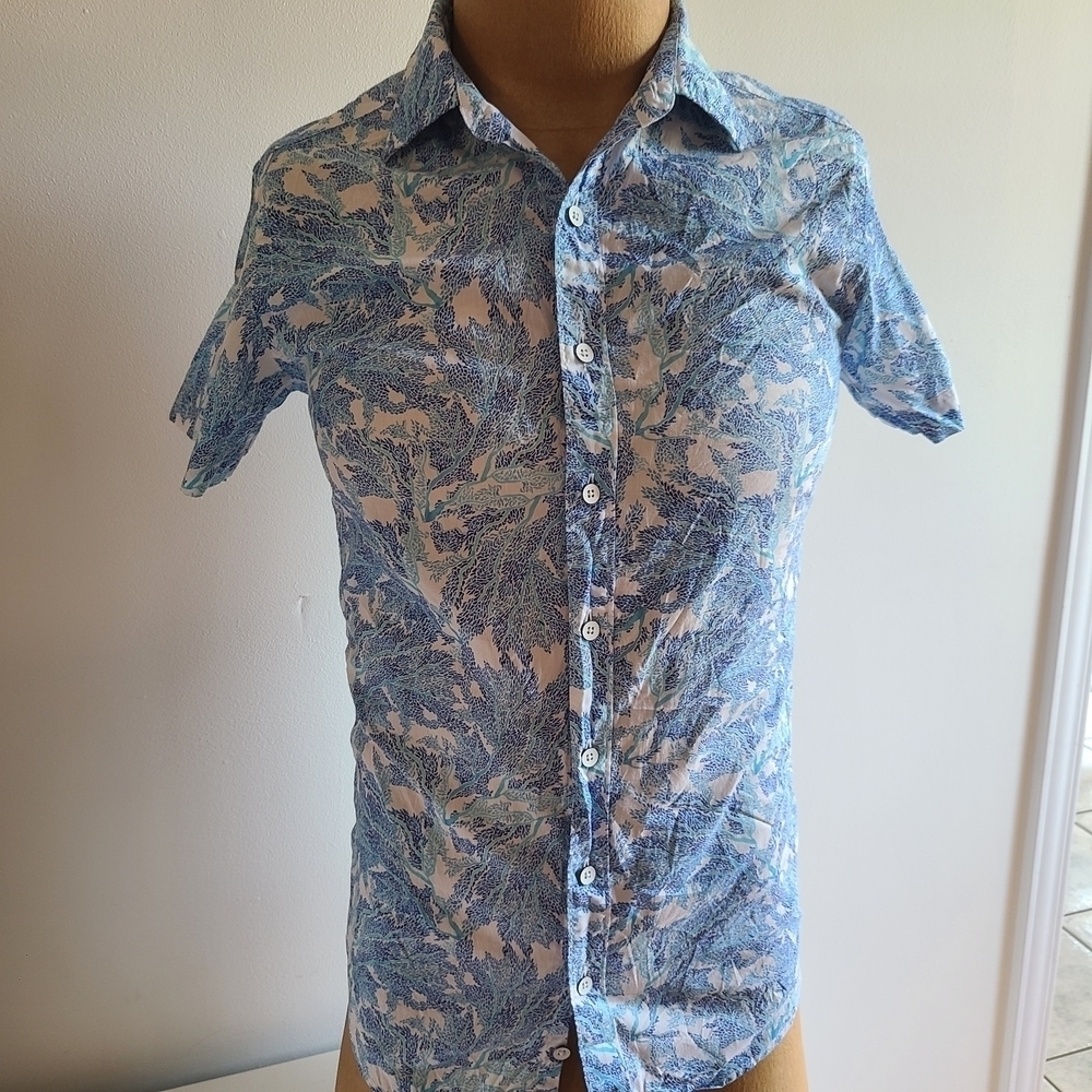 Rodd & Gunn Blue and White Leaf Pattern Shirt